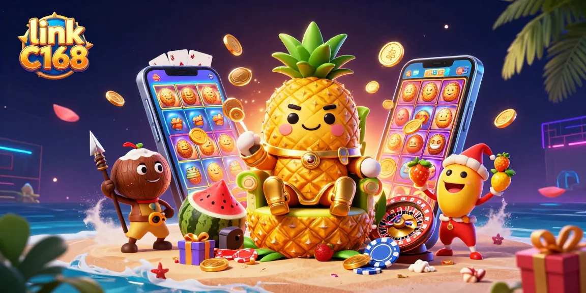 Win big with link C168 at a vibrant beach casino featuring a pineapple king, jester, and dynamic gaming elements.