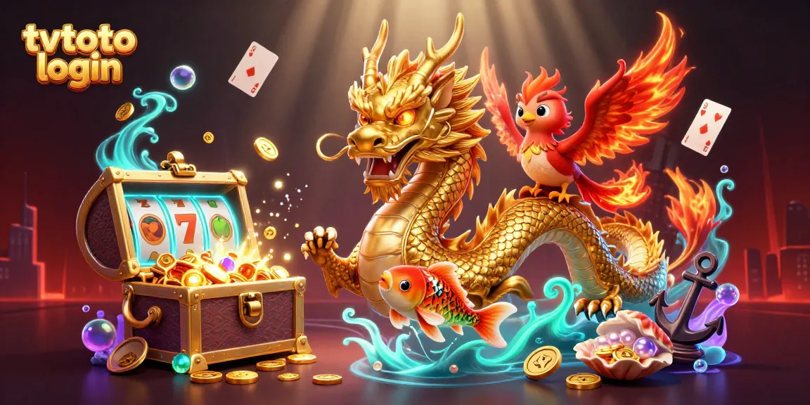Engage with the thrilling world of tvtoto login showcasing a vibrant scene of a dragon, phoenix, and koi fish amid rich casino elements.