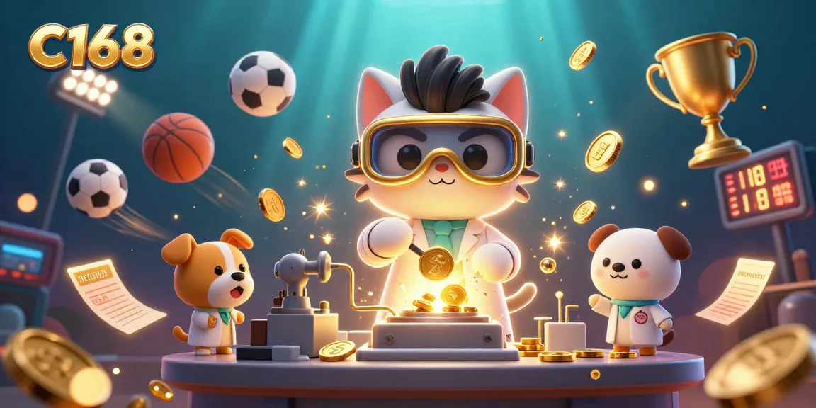 C168 brings excitement with a dynamic cartoon scene of a mad scientist cat and dog creating gold coins in a lively gambling atmosphere.