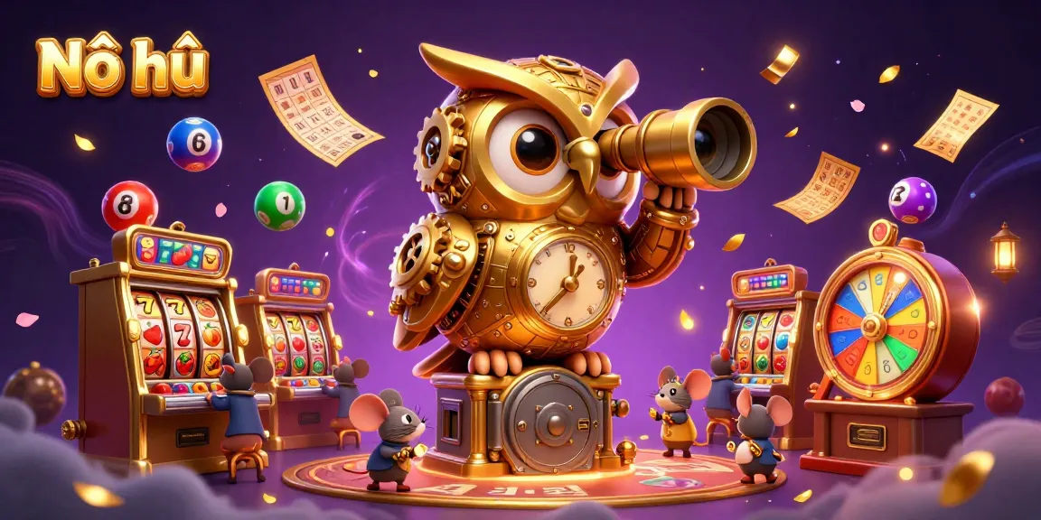 Nổ hũ game illustration with a golden owl and dynamic casino elements showcasing vibrant slot action.