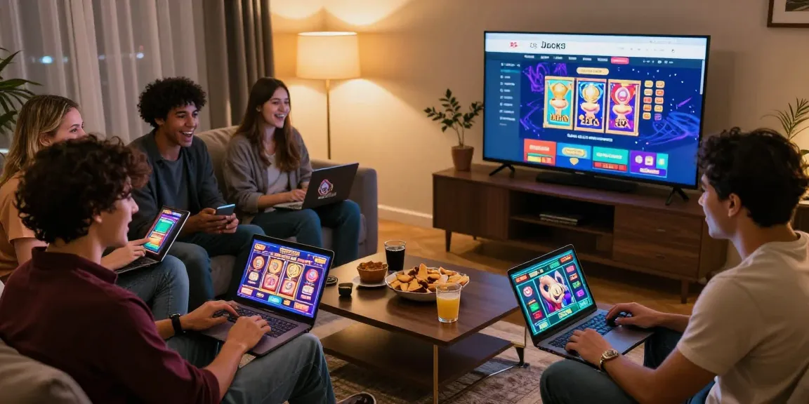 Permainan slot jackpot online dengan teman-teman di ruang tamu yang nyaman dan ceria