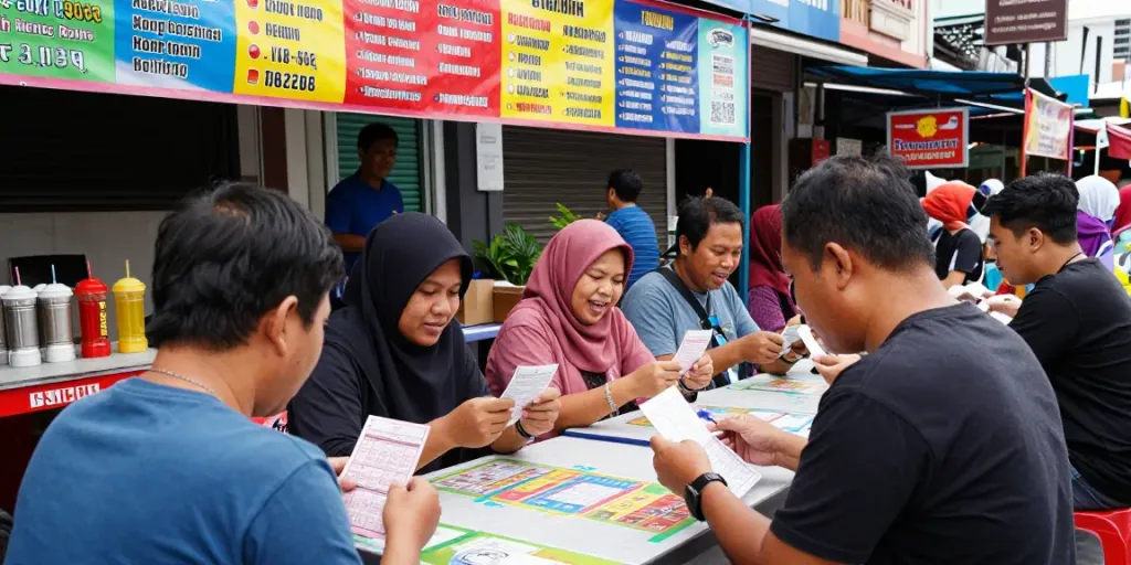 Excited players engaging with unsurtoto at an urban Togel market, vibrant community atmosphere.
