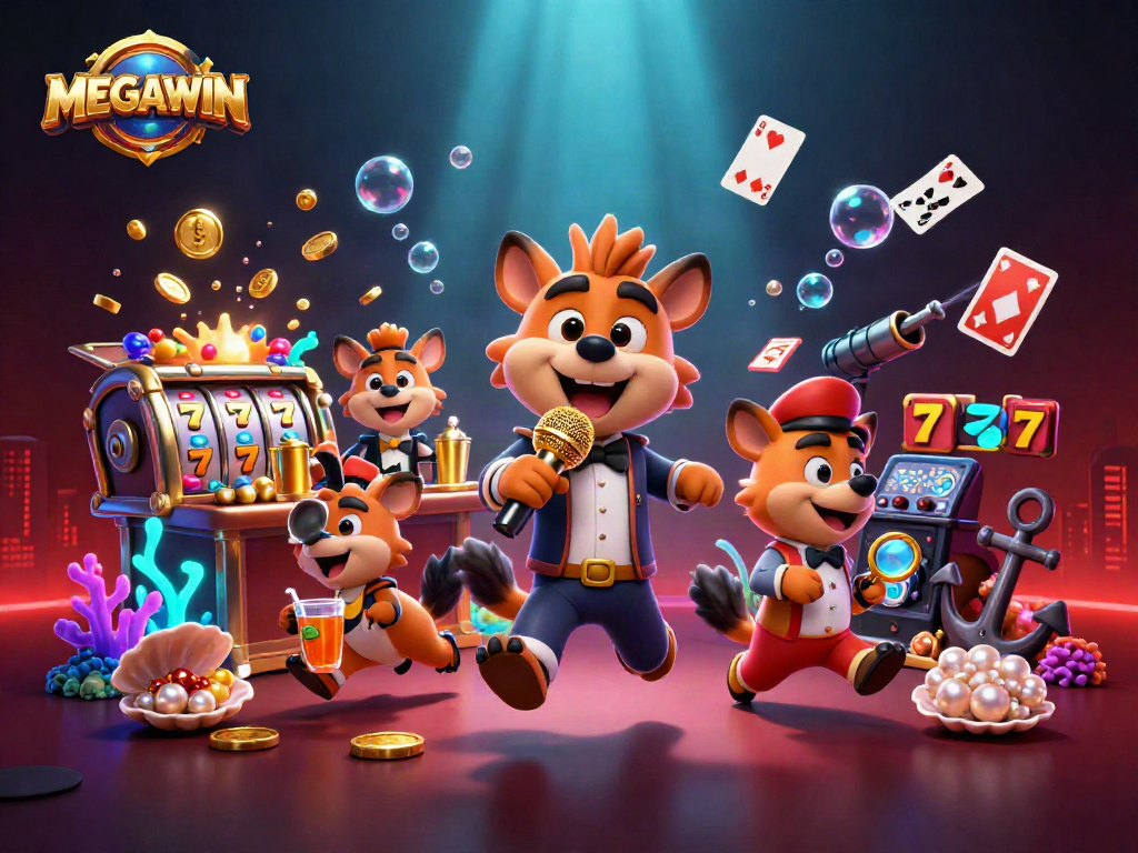 Experience MEGAWIN excitement at a vibrant casino scene featuring comedy hyenas and thrilling slot action.