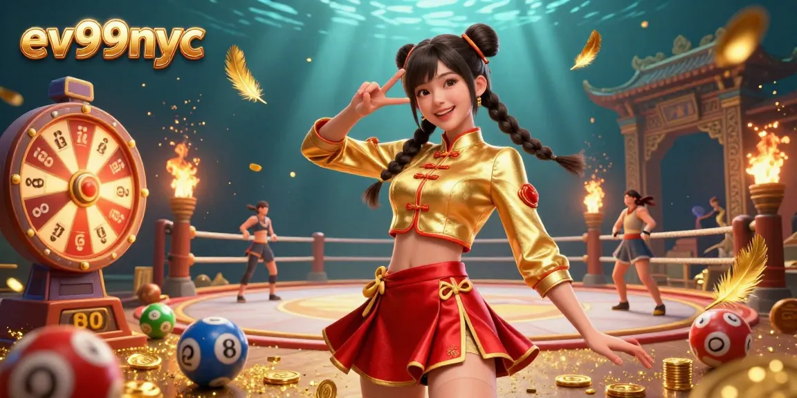 Engage with exciting games at ev99nyc featuring a stunning Asian woman celebrating wins surrounded by colorful gaming elements.
