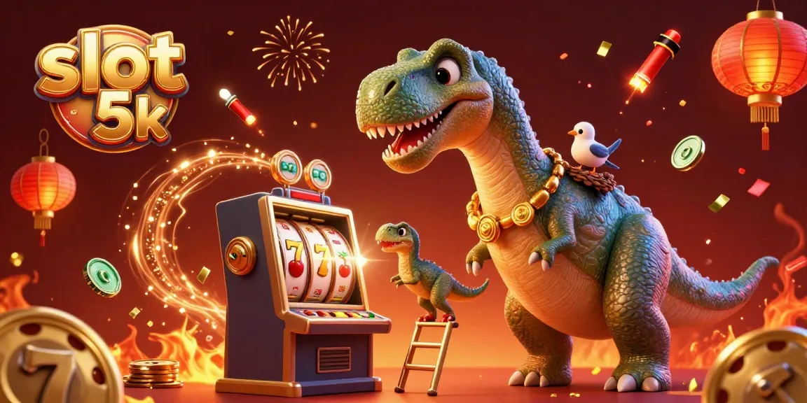 Spin the slot 5k reels with a playful dinosaur and raptor in a vibrant casino atmosphere.