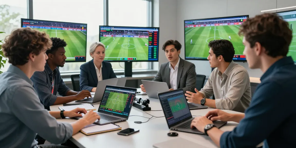 Analysts discussing kèo nhà cái strategies in a dynamic sports analysis room with screens showing betting odds.