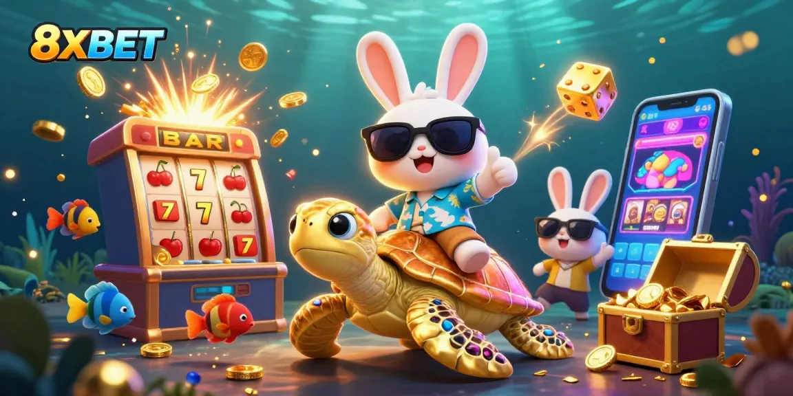 Experience 8XBET excitement with a lively 3D lucky rabbit and golden turtle in a vibrant casino scene.