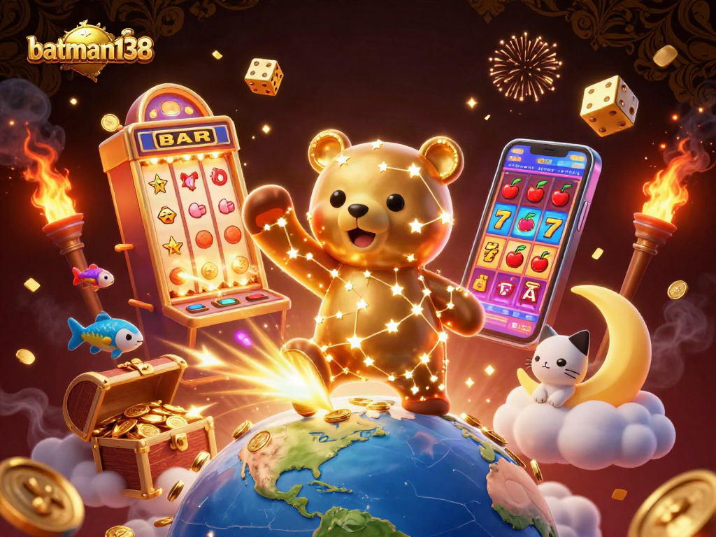 Spin and win with batman138, showcasing vibrant slots, a constellation bear, and rich casino elements.