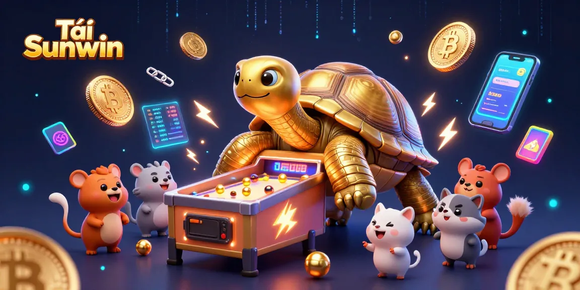 Tải Sunwin and engage with dynamic casino elements in an exciting 3D illustration featuring a golden tortoise and crypto gaming.