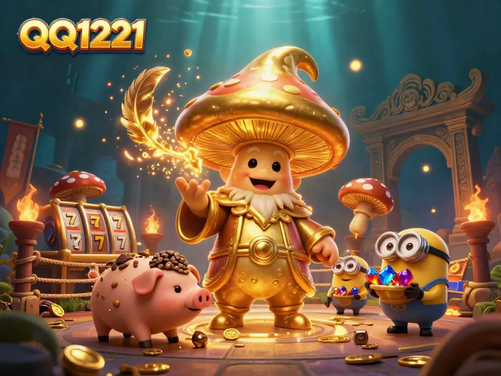 Experience the magic of QQ1221 with a golden mushroom wizard and treasures in this captivating casino scene.
