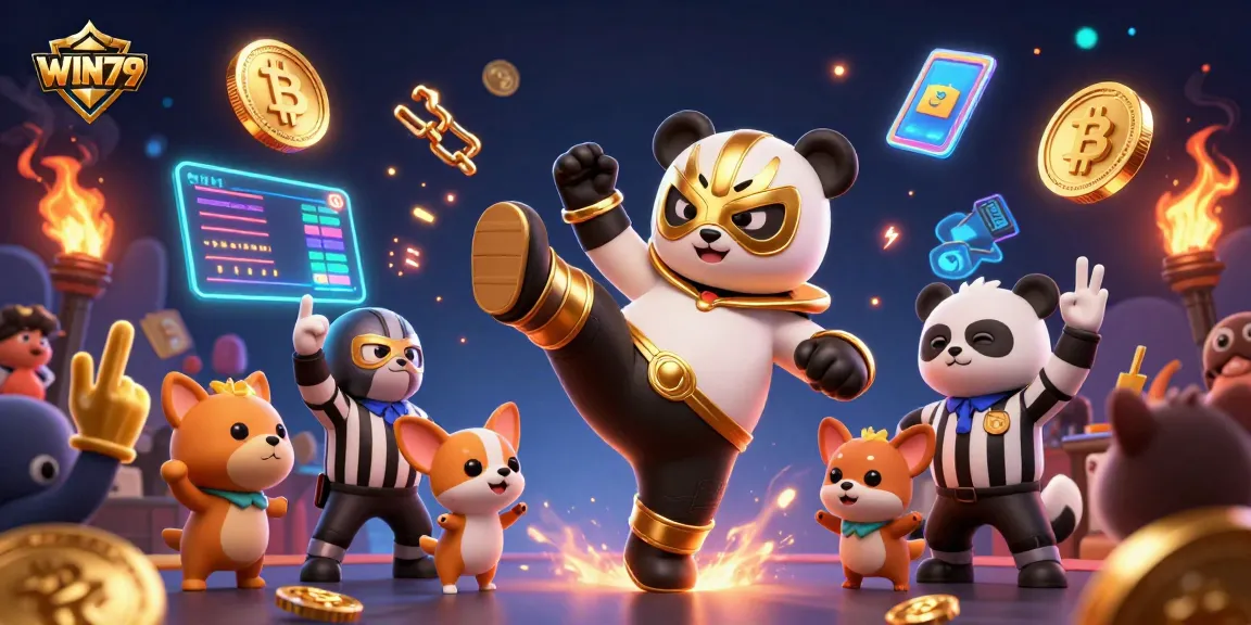 WIN79 casino scene featuring a panda wrestler and chihuahua referee surrounded by crypto coins and excited animal spectators.