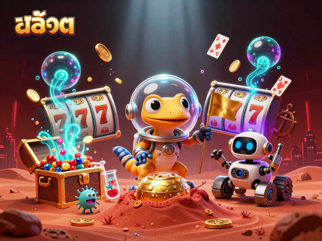 Spin the สล็อต reels in a vibrant 3D scene featuring lucky symbols, gold coins, and whimsical alien characters.