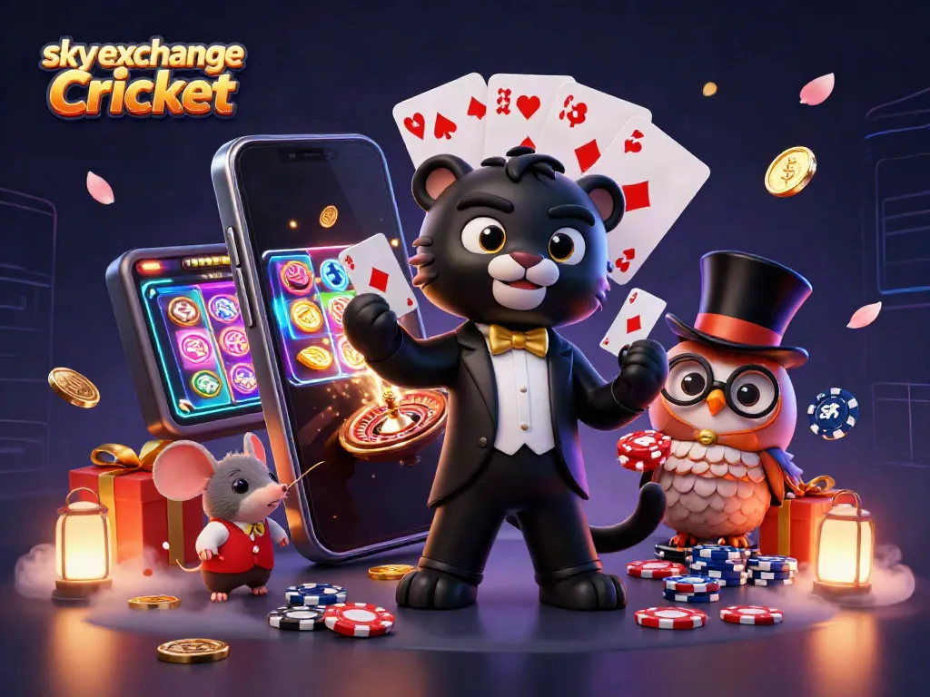 Experience dynamic betting action with sky exchange Cricket as the panther deals cards surrounded by vibrant casino elements.