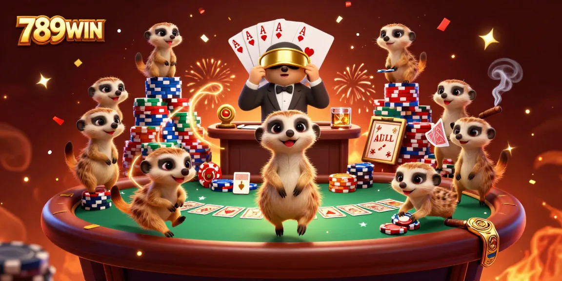 Experience the thrill of 789WIN with cartoon meerkats managing a vibrant casino scene.