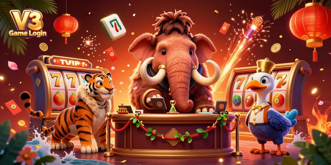 V3 Game Login showcases a vibrant casino scene with a woolly mammoth checking IDs, a saber-tooth guest, and festive decorations.
