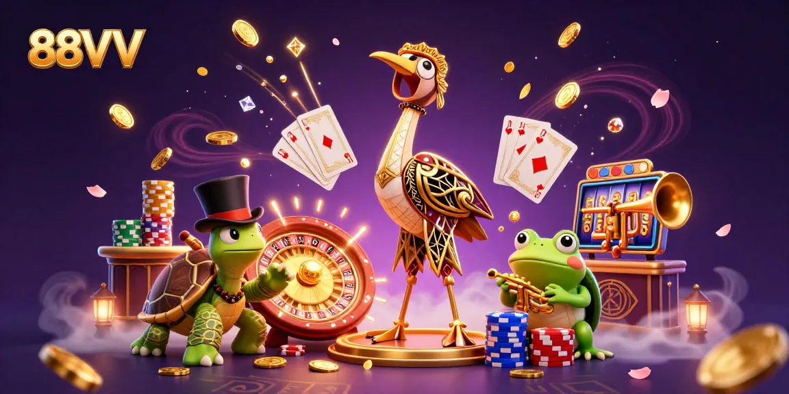 Experience thrilling gaming at 88VV with casino characters and sparkling riches in a vibrant 3D setting.