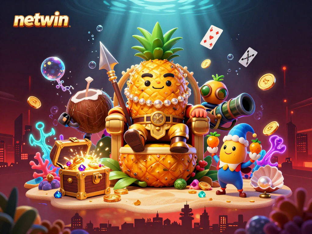 Engage in thrilling games at netwin's vibrant beach casino with a playful pineapple king and gold treasures.