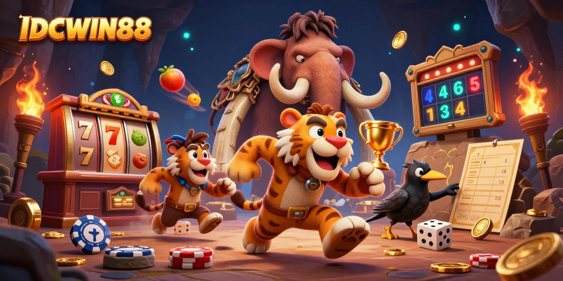 Experience thrilling gameplay with IDCWIN88 in a vibrant prehistoric casino setting filled with dynamic elements.
