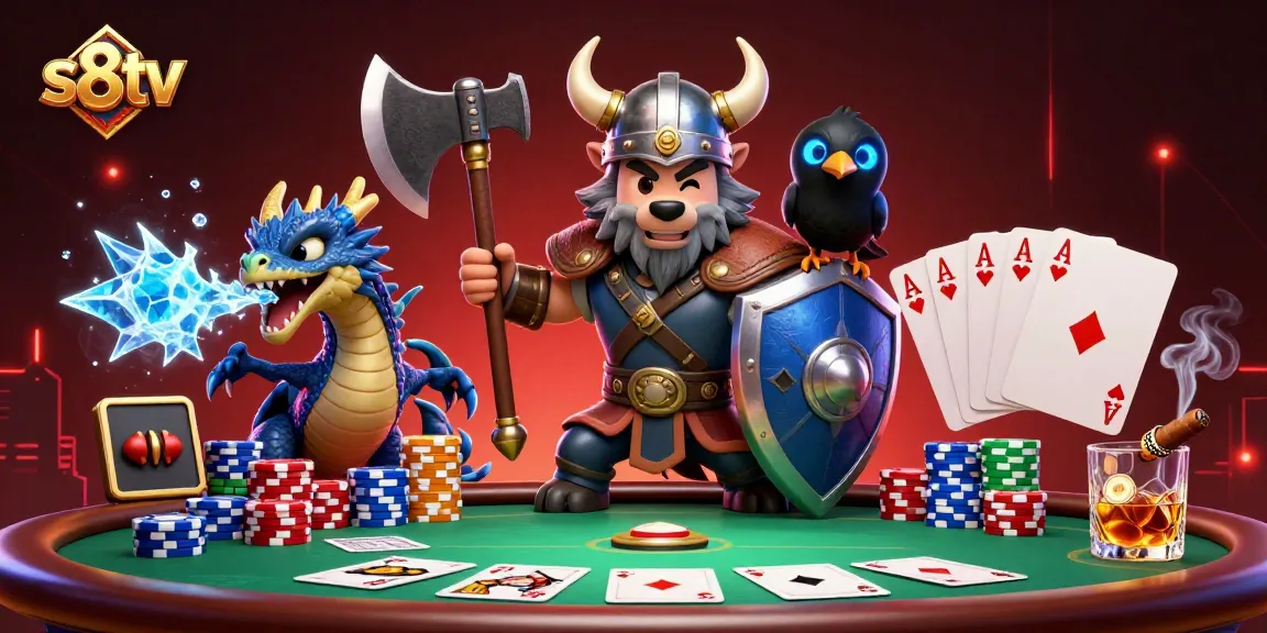 Engage with s8tv's thrilling poker scene featuring a Viking wolf warrior, dragon, and raven.