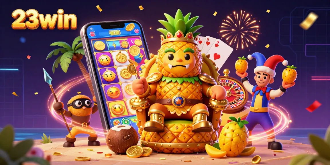 Engage with the vibrant world of 23win featuring a golden pineapple king and exciting casino elements.