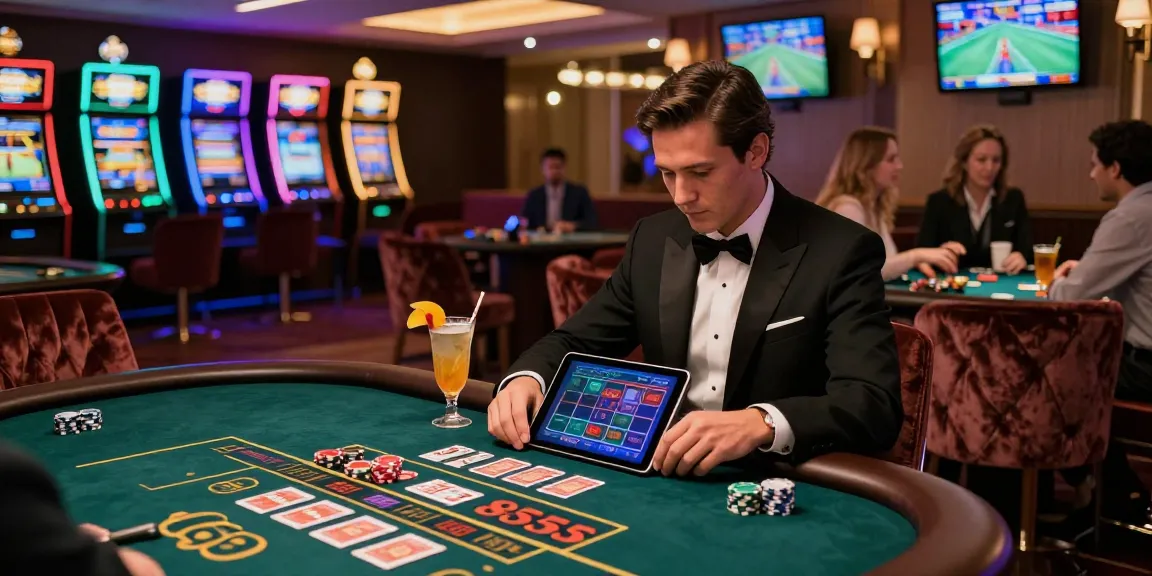 Gambler focused on bandarbola855 game in a luxury casino lounge with chips and tablet.
