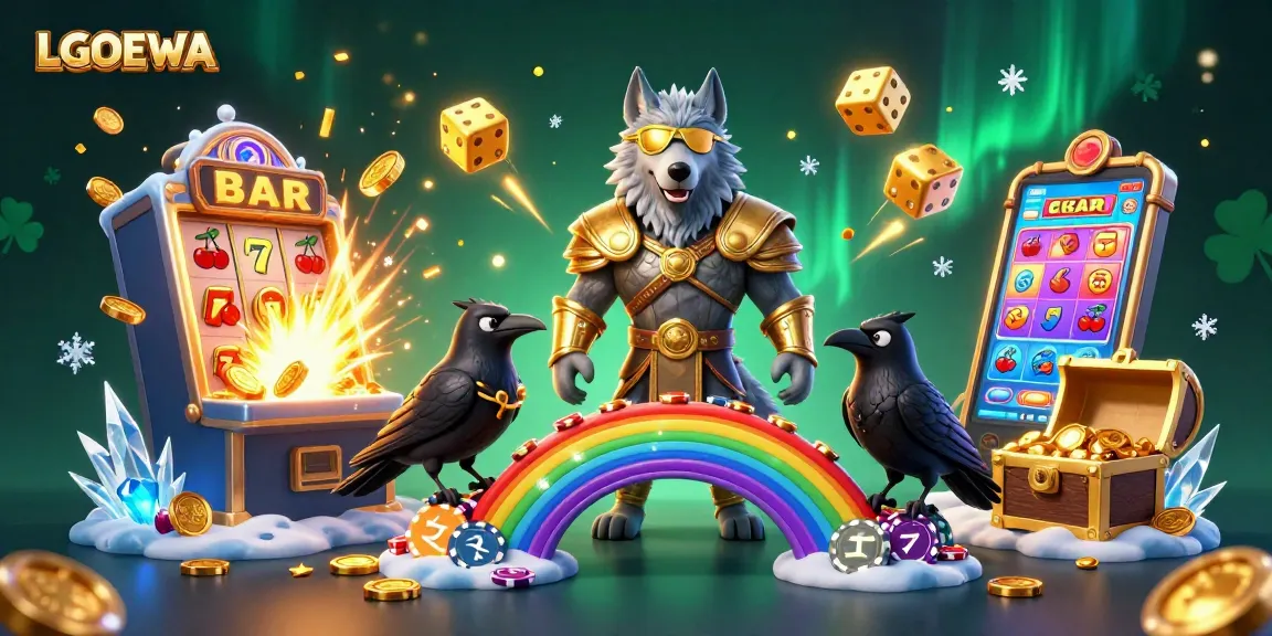 Experience excitement with LGODEWA at a vibrant gaming scene full of slots and animated characters!