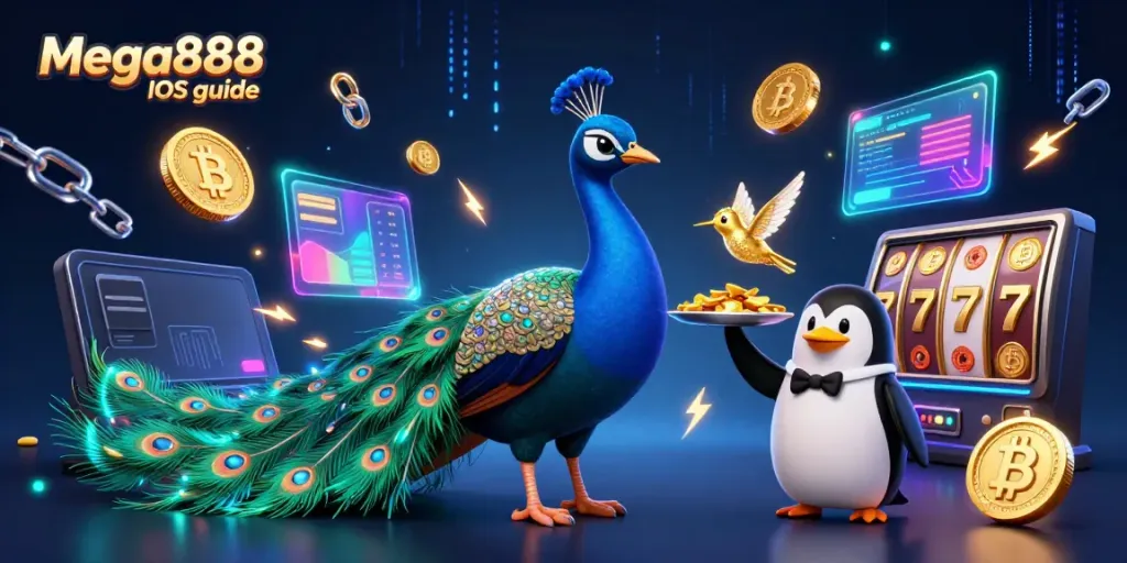 Play Mega888 with this comprehensive iOS guide illustrated by peacock, penguin, and hummingbird.