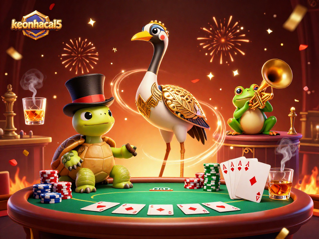 Engage in thrilling gameplay with keonhacai5 amidst a vibrant casino scene featuring fun characters.
