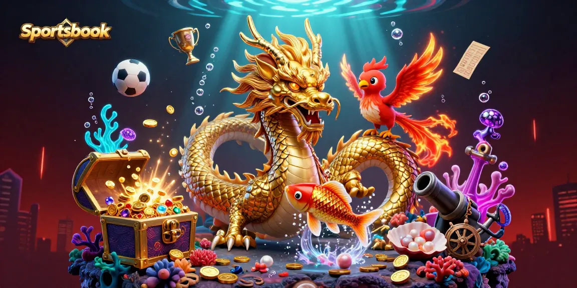 Taruhan di Sportsbook dengan naga, phoenix, dan ikan koi melepaskan koin keberuntungan.