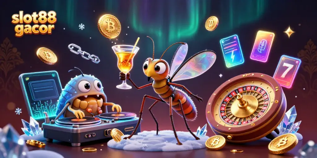 Bermain slot88 gacor dengan simbol bertema yang berwarna cerah dan digital, penuh elemen menarik.