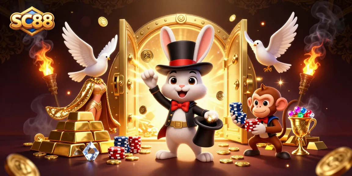 Experience the thrill of SC88 with a magician rabbit and dazzling casino elements in vibrant 3D art.