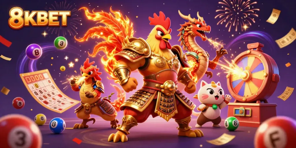 Experience exhilarating gaming action at 8KBET with dynamic casino elements featuring a warrior rooster and dragon hatchling.