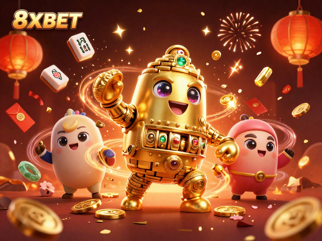 Experience thrilling gameplay at 8XBET with a dazzling scene of a golden golem, colorful tiles, and festive elements.