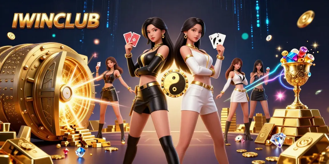 IWINCLUB reveals a stunning casino scene with dual Asian women showing expert play, surrounded by treasure.