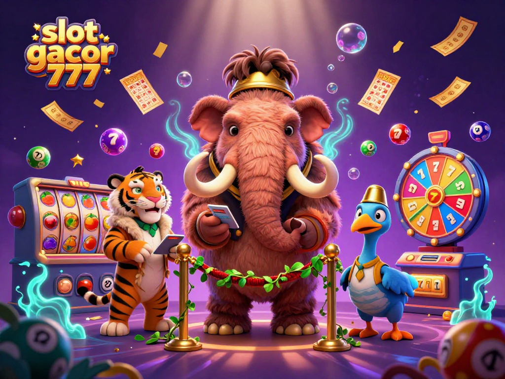 Engage with slot gacor 777 as a vibrant casino scene unfolds with characters amidst jackpots and colorful elements.