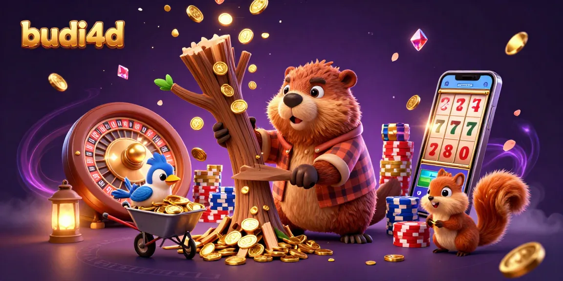 Engage with budi4d's vibrant casino experience, featuring fun characters amidst cascading coins and games.