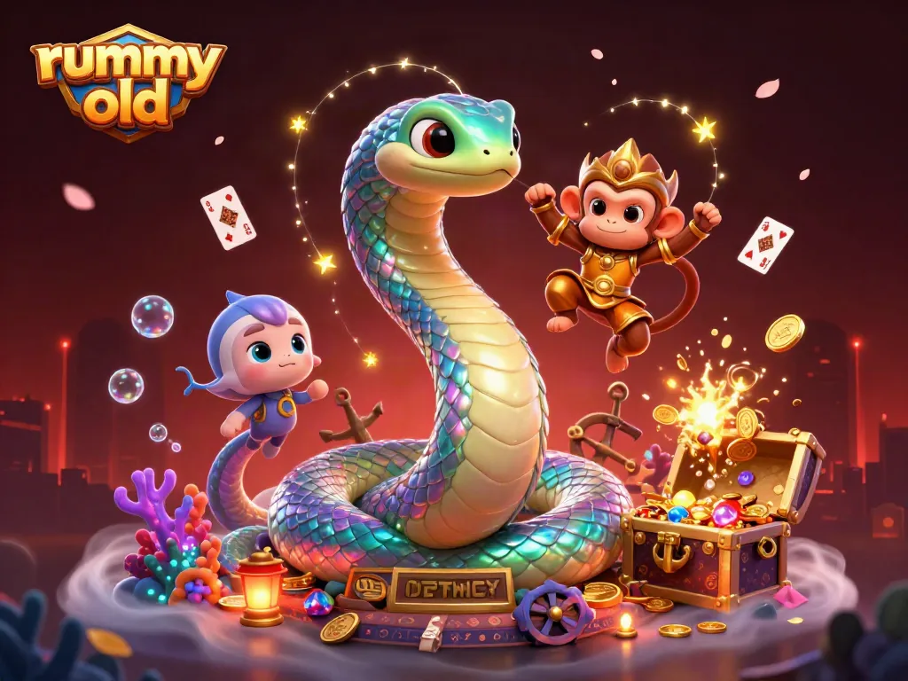 Gambaran rummy old dengan naga pelangi 3D berkilau dan raja monyet berarmor emas dalam suasana bermain kartu.