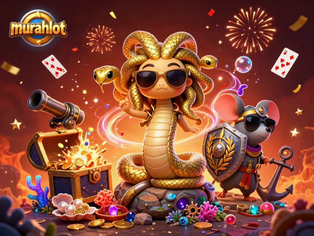 Masuki dunia murahslot dengan Medusa lucu dan mouse perkasa, dikelilingi harta karun dan permainan slot.