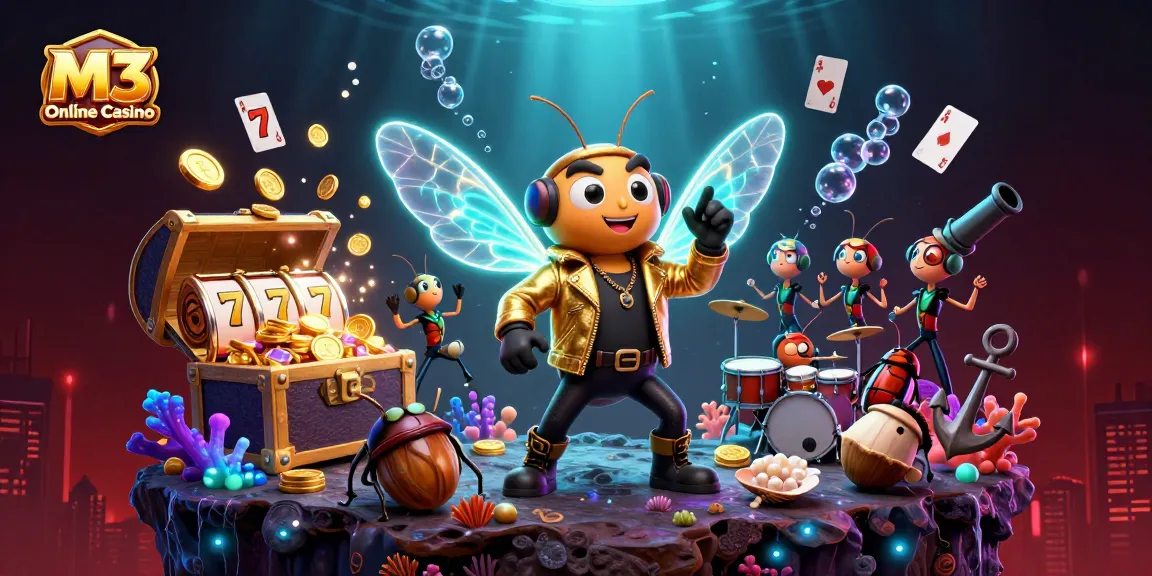 M3 Online Casino showcases vibrant fun with a rock star and gaming elements in a dynamic gambling scene.