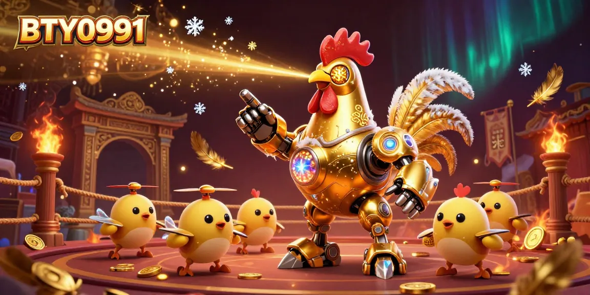 Engage with the BTY0991 golden rooster robot in a thrilling gambling arena of gold coins and action.