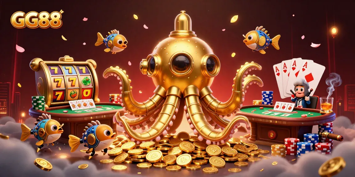 Players enjoy the thrilling atmosphere of GG88 with golden kraken and poker elements in the 3D casino scene.