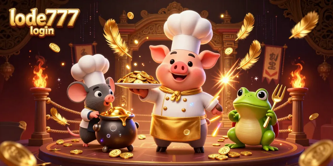 Engage with the exciting lode777 login scene featuring a pig chef serving gold coins in a vibrant atmosphere.