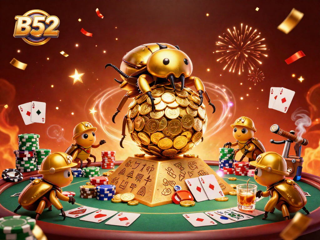 Experience B52-themed excitement with golden beetles rolling coins at a vibrant casino scene.