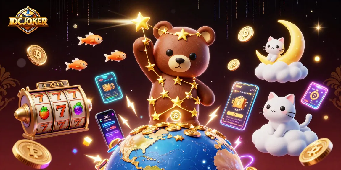 Engage with exciting slots and crypto gaming at IDCJOKER, featuring vibrant 3D characters and elements.