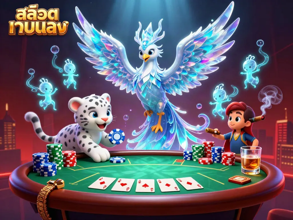 Play สล็อตเว็บตรง with a vibrant ice phoenix, snow leopard cub, and lively poker elements.