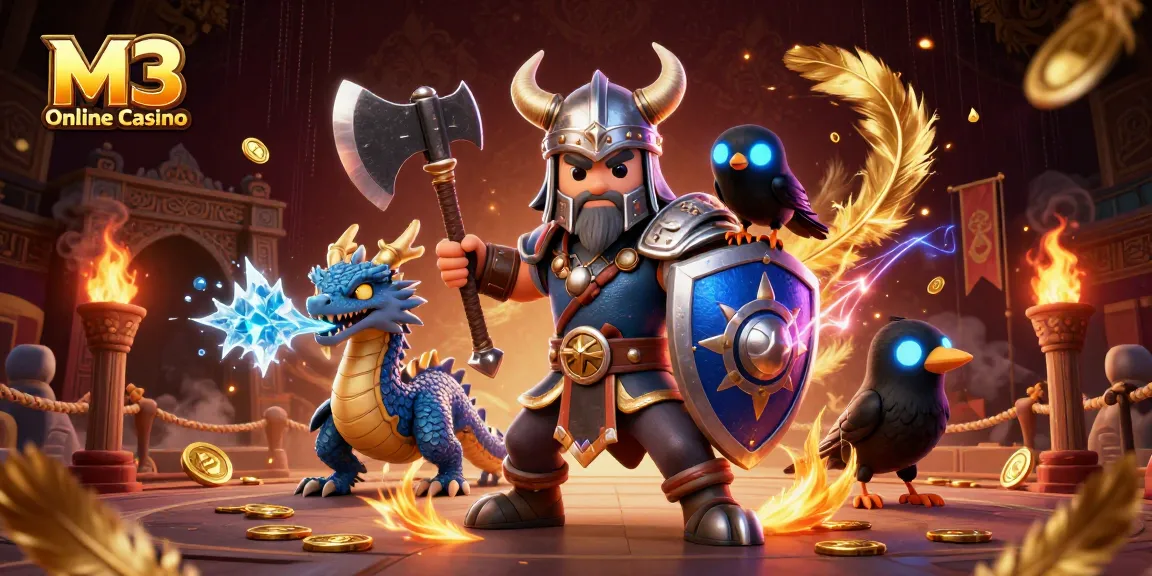 Experience M3 Online Casino excitement with vibrant 3D casino warrior illustration.