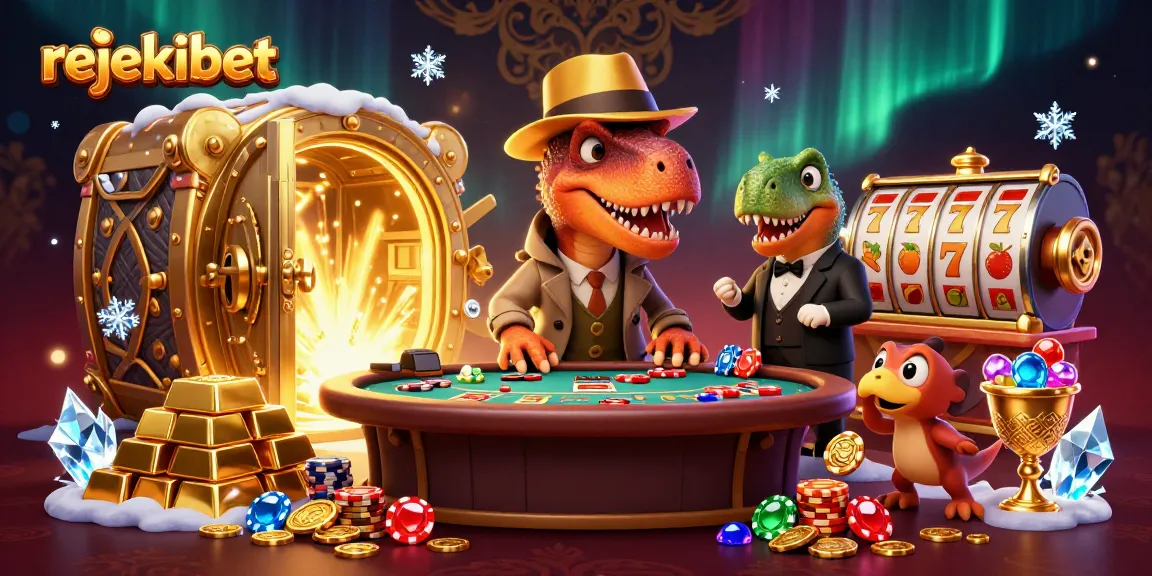 Experience rejekibet's thrilling gameplay with our fun velociraptor at a blackjack table amidst slot machine excitement.