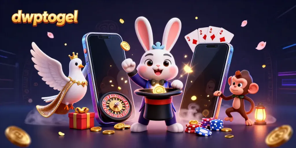 DWPTOGEL: Kelinci penyihir menarik koin emas dari topi, dikelilingi elemen kasino dan efek magis.
