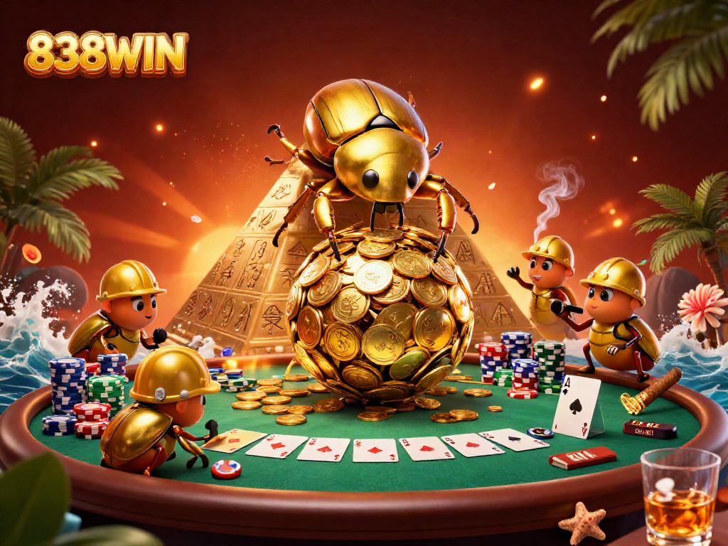 Engage with 838WIN in a vibrant 3D scene featuring golden dung beetles amidst dynamic poker elements.