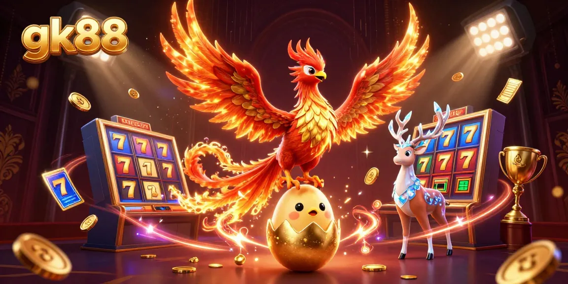 Experience the thrill of gk88 with a stunning illustration showcasing fiery phoenixes, slots, and trophies.